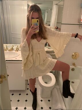 Free People Cream Long Sleeve Ruffled Mini Dress